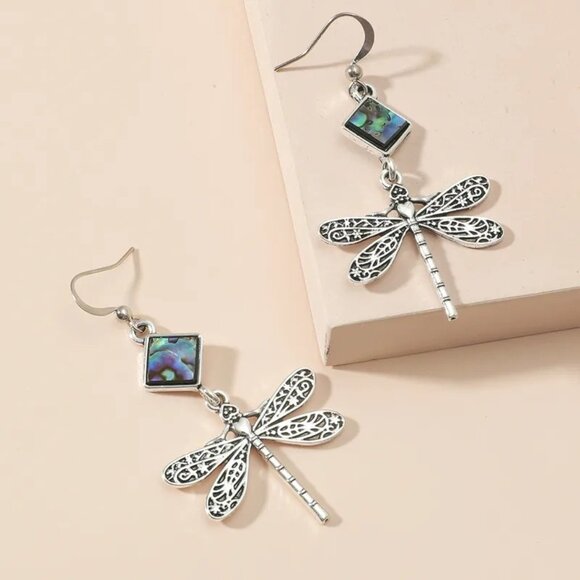 2/$24 Dragonfly Dangle Earrings With Abalone Shell & Silver Filigree Design - Picture 3 of 7